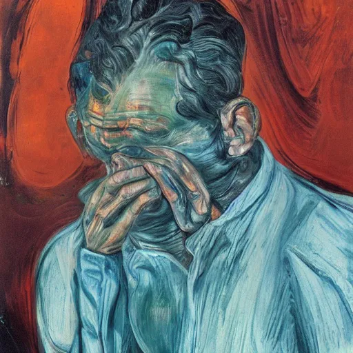 Image similar to high quality high detail painting of a man in agony by lucian freud and edvard munch and francis bacon, hd, poor beggar on the streets of london, turquoise and orange