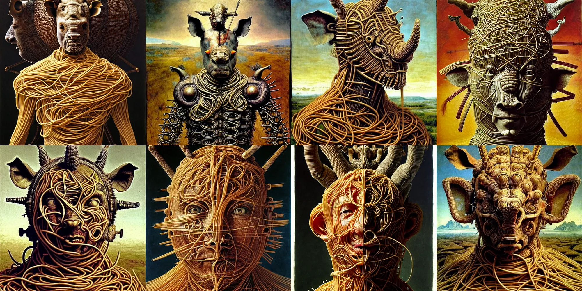 Prompt: a half boy half rhino made of spaghetti, intricate armor made of spaghetti fractals, ancient warrior, samurai style, standing on a hill, by giuseppe arcimboldo and ambrosius benson, renaissance, intricate and intense oil paint, a touch of beksinski, realistic