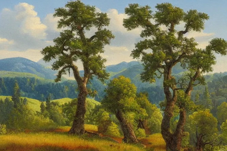 Prompt: masterpiece painting of oak trees on a hillside overlooking a creek, by gunnar widforss