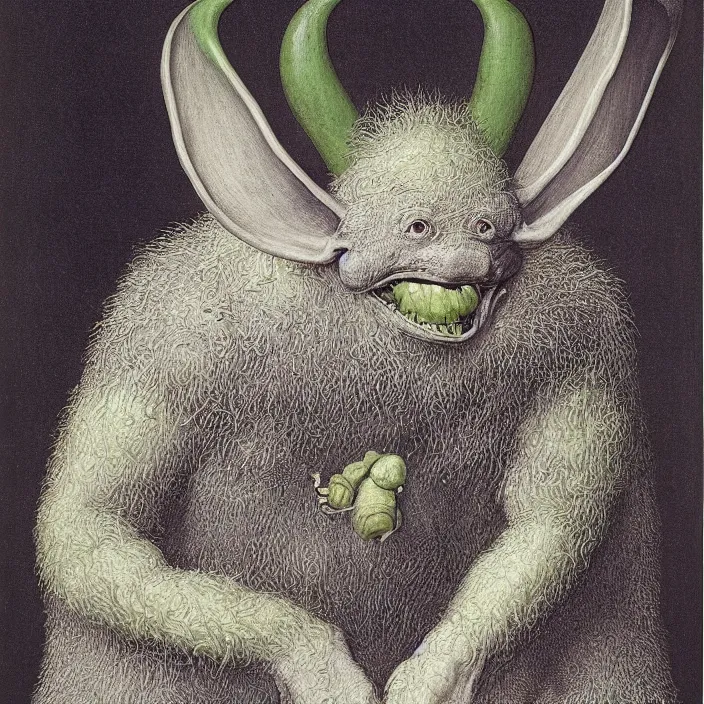 Image similar to close up portrait of a mutant monster creature with cheeks covered in purulent pustules, pimples at different stages, some fresh, some bursting with a whitish fluid ; pleasant, flirty green eyes, very large transparent bat ears. jan van eyck, walton ford