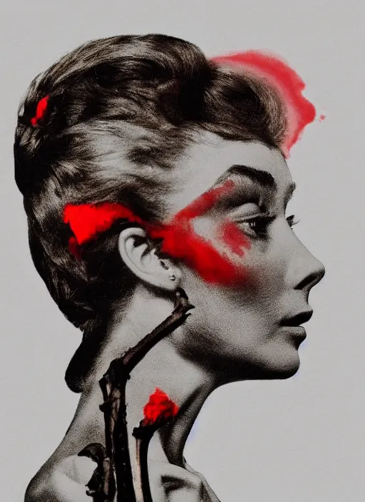 Prompt: a audrey hepburn face in profile made of blood skeleton in the style of the dutch masters and gregory crewdson dark and moody