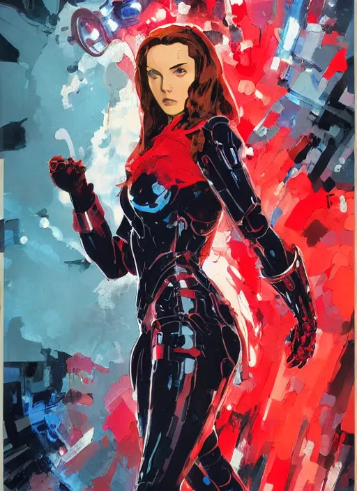 Prompt: marvel scarlet witch, wearing futuristic cybernetic battle armor, by ashley wood, yoji shinkawa, jamie hewlett, 6 0's french movie poster, french impressionism, vivid colors, palette knife and brush strokes, dutch angle