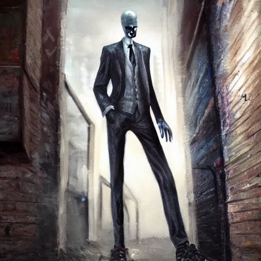 Prompt: a perfect, realistic professional oil painting of slender man posing in a dystopian alleyway, close-up, by a professional American senior artist on ArtStation, a high-quality hollywood-style concept
