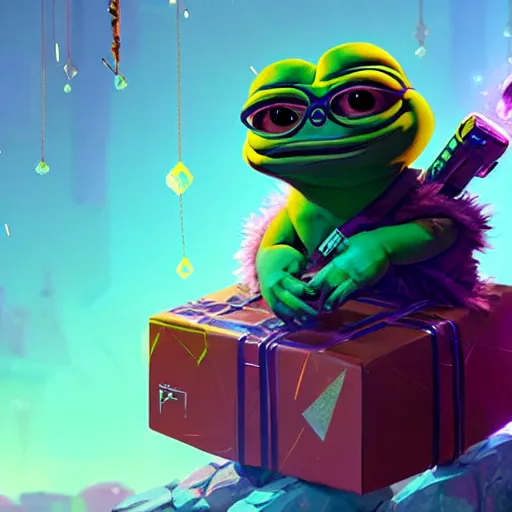 Image similar to pepe sitting on a loot box full of crystals, wadim kashin, simon stalenhag, featured in artstation, octane render, cinematic, elegant, intricate