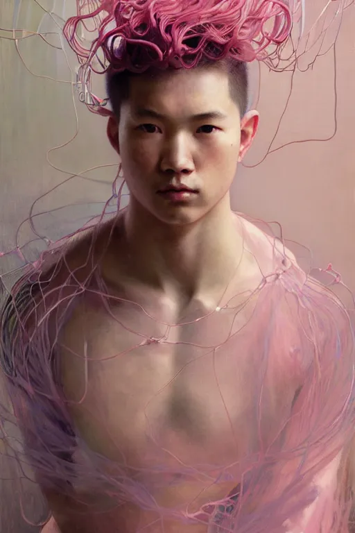 Image similar to hyperrealist portrait of elijah zu bailey, pink, it is decorated with long wires that fall like vines and wears small computers over their body. by jeremy mann and alphonse mucha, fantasy art, photo realistic, dynamic lighting, artstation, poster, volumetric lighting, very detailed faces, 4 k, award winning