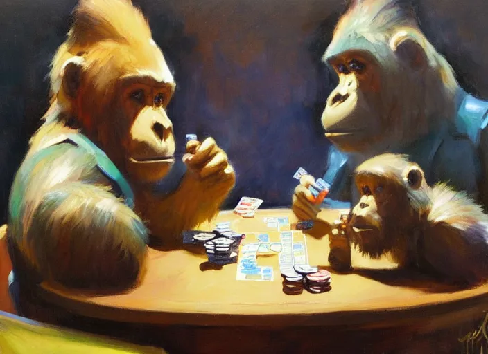 Prompt: one gorrila and one bear playing poker, highly detailed beautiful, by gregory manchess, james gurney, james jean