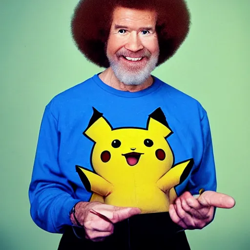 Prompt: a portrait photograph of Bob Ross Wearing a pikachu-suit