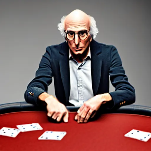 Prompt: larry david playing poker, photorealistic studio portrait, studio lighting, unreal engine 5, hyperrealistic, dynamic lighting, white ambient background, realistic, highly detailed