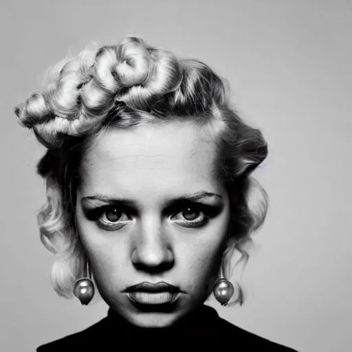 Image similar to symmetrical human portrait of lisa simpson with pearl necklace and with blonde curly hair, grainy high contrast black and white photography photo print ilford warm tone