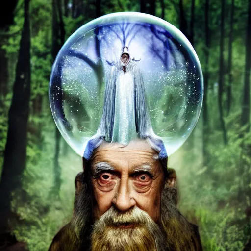 Prompt: an old wizard trapped inside a floating soap bubble among the trees, ethereal, fantasy, style of salvador dali, dramatic lighting