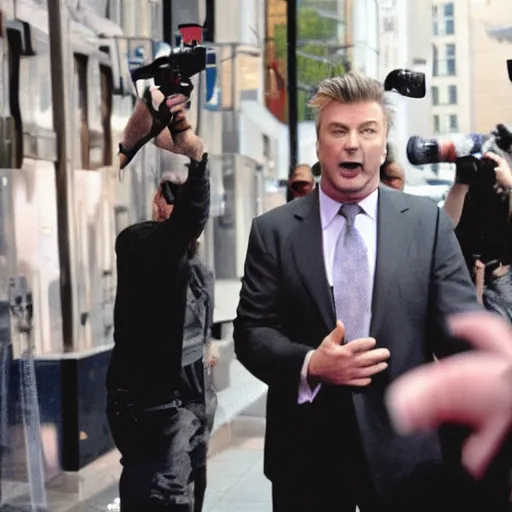 Image similar to An image of Alec Baldwin yelling at the paparazzi. Telephoto photo.