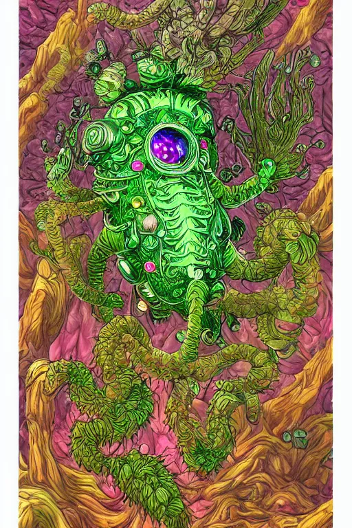 Image similar to creature sushi roots cactus elemental flush of force nature micro world fluo light deepdream a wild amazing steampunk baroque ancient alien creature, intricate detail, colorful digital painting