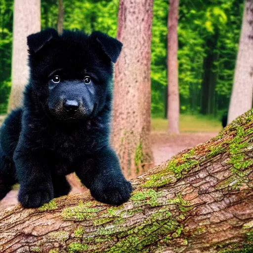 Prompt: a black chow chow puppy playing in an enchanted forest