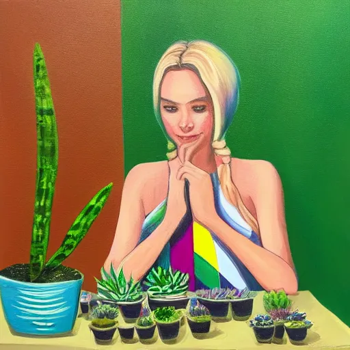 Prompt: painting by Rob Hefferans of a beautiful blonde woman with shoulder length hair in a forest green dress putting colorful succulents into rainbow pots at a square table