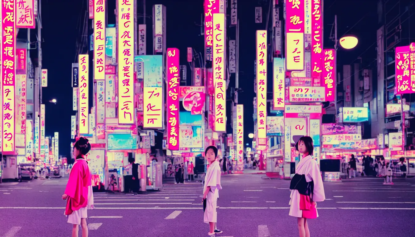 Prompt: 90s neon movie still. japanese city at night. ((One Girl)) stands in the middle of a crosswalk wearing a kimono. She is looking up at an advertisement. hyperrealistic, high definition, medium format photography, highly detailed, technicolor, anamorphic 50mm lens