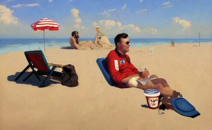 Image similar to An astronaut chilling at the beach and drinking a beer, oil on canvas by Frank Frazetta, artstation, digital art, WLOP, Mandy Jurgens