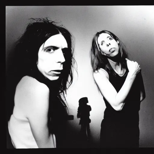 Prompt: pj harvey with david bowie, analog photograph, 8 mm, new york, 8 0 s