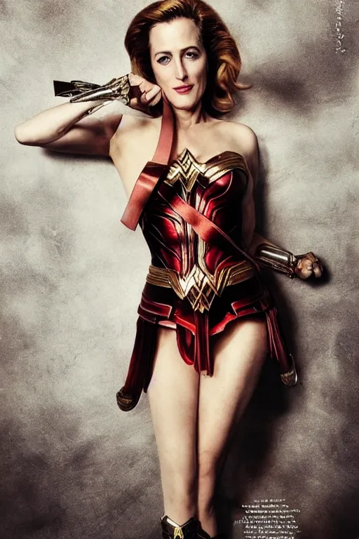 Prompt: photo of a beautiful 40-year-old Gillian Anderson dressed as wonder woman (2020) by Mario Testino and stanley lau, detailed, award winning, Sony a7R, trending on artstation