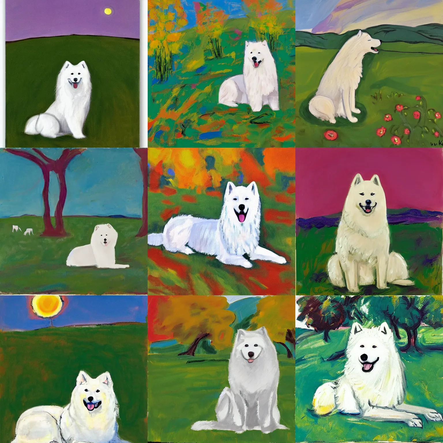 Prompt: a samoyed dog sitting in the middle of sunny meadow, by elaine de kooning