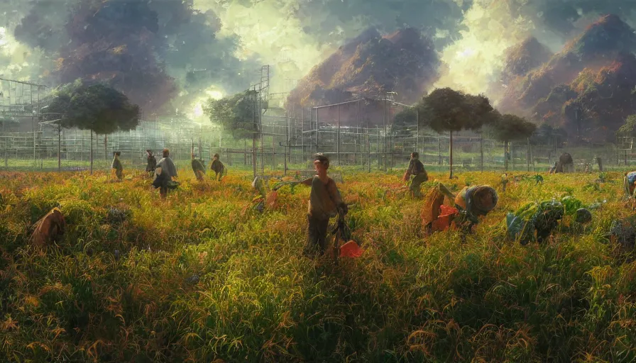 Image similar to craig mullins and ghibli digital illustration of solarpunk fields of crops and hydroponics under a force field, farms, colorful, unreal engine, hyper realism, realistic shading, cinematic composition, realistic render, octane render, detailed textures, photorealistic, wide shot