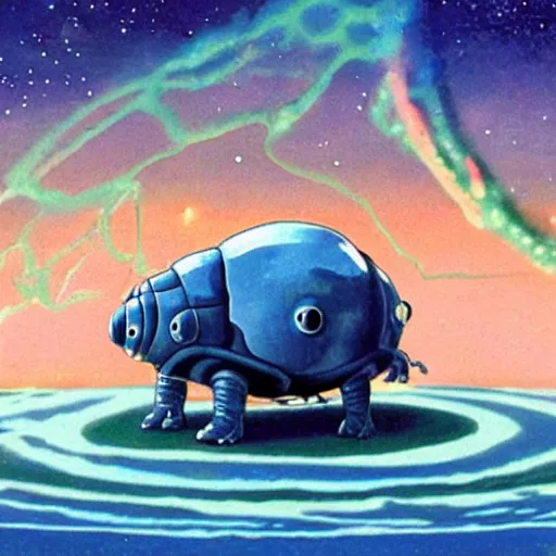 Image similar to the alien cosmic tardigrade that awaits you at the end of all of space and time, by studio ghibli