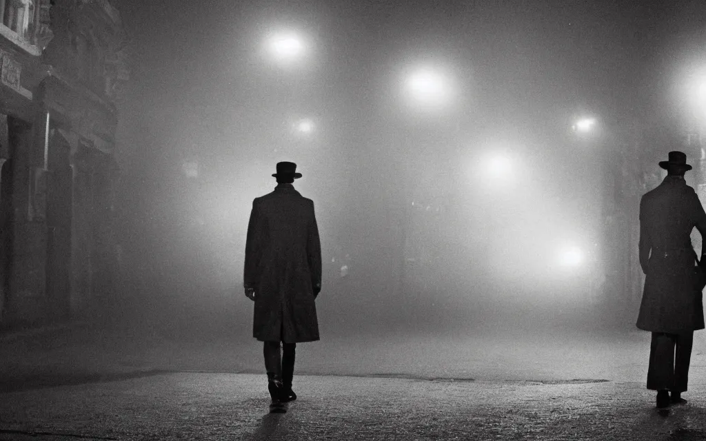 Image similar to A man in a trenchcoat holding a flashlight and armed with a ruby pistol in an early 20th century parisian street at night. Two cars are drifting around a shadow creature with their lights on. There is a thick fog covering the ground. A train station is visible in the background. 4k, digital art, dynamic, pulp, low angle shot, super wide shot, (fish eye).