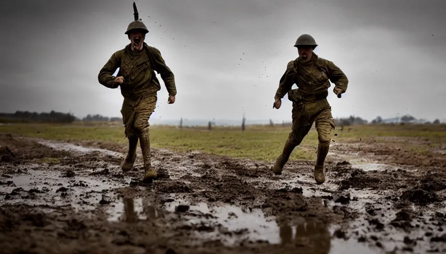 Prompt: screaming World War 1 soldier running across No Mans Land, wartorn landscape, lots of mud puddles and craters, dirty lens, cinematic lighting, IMAX cinematography, 35mm