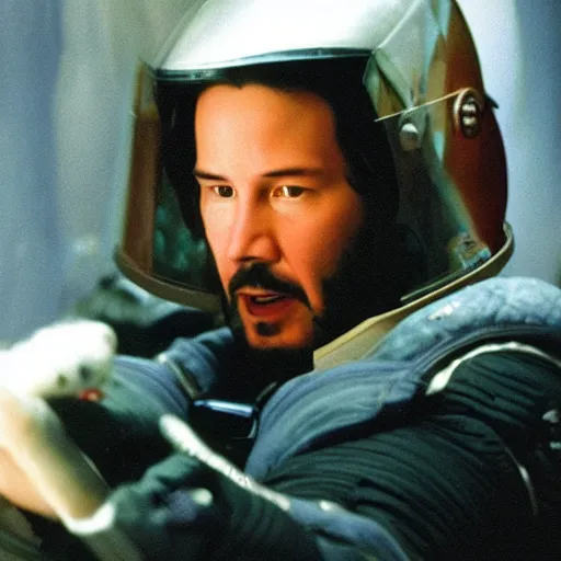 Image similar to Keanu reeves in a spacesuit with helmet on, headshot, photo still