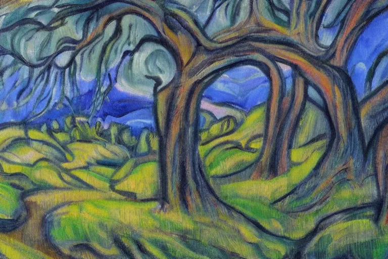 Image similar to masterpiece painting of oak trees on a hillside overlooking a creek, dramatic lighting, by emily carr