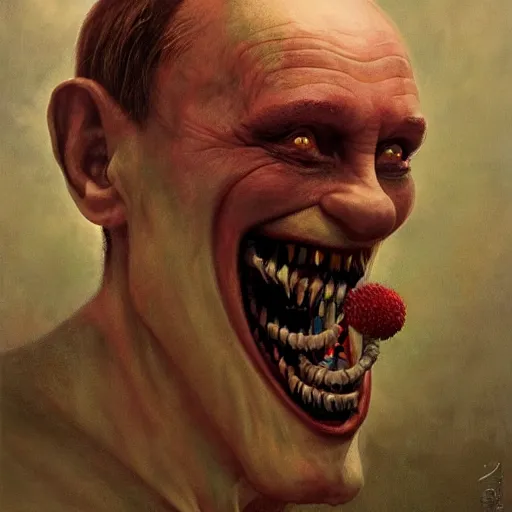 Prompt: vladimir putin, drunk jester, drunk circus performance, wearing clown nose, horror teeth, fantasy 3 d render, masterpiece, by donato giancola and greg rutkowski and wayne barlow and zdzisław beksinski, realistic face