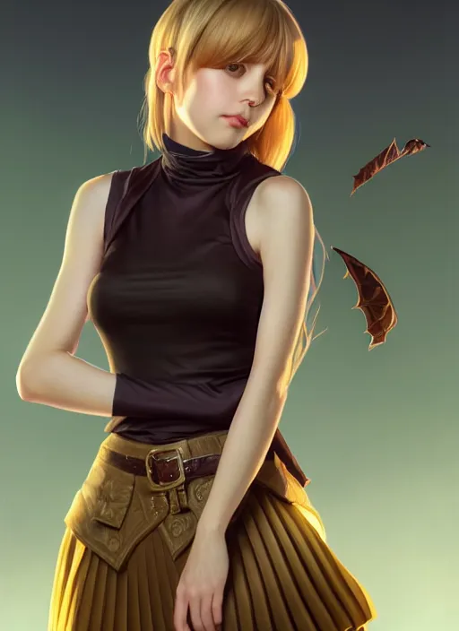 Image similar to portrait of a full body of beautiful young female detective, d & d, sleeveless turtleneck, pleated skirt, fantasy, flat lighting, intricate, highly detailed, digital painting, artstation, concept art, smooth, sharp focus, illustration, misa amane, art by simon bisley and greg rutkowski and alphonse mucha, natural tpose