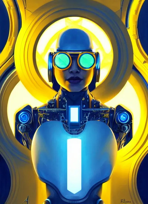 Prompt: symmetry portrait of a robot wearing sunglasses, sci - fi, tech wear, blue and yellow glowing lights, intricate, elegant, highly detailed, digital painting, artstation, concept art, smooth, sharp focus, illustration, art by artgerm and greg rutkowski and alphonse mucha