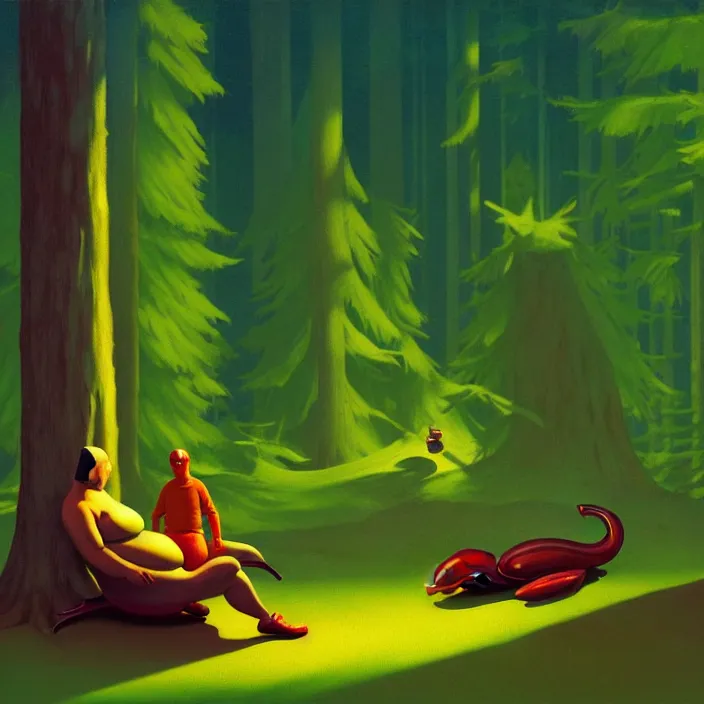 Image similar to fat alien eating slugs in the forest, highly detailed, Edward Hopper and James Gilleard