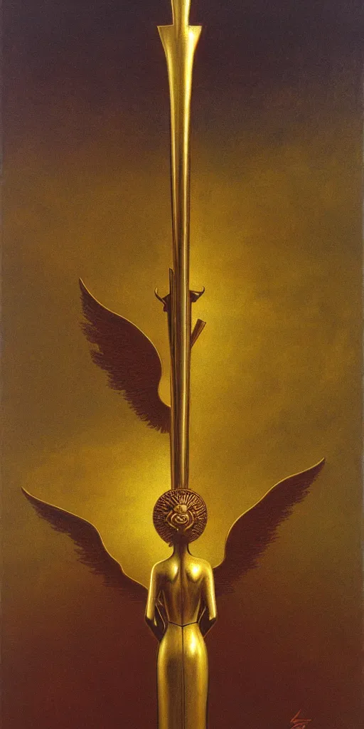 Prompt: a warhammer in the style of zdzisław beksinski, elegant, wood and gold, sun rays, angelic