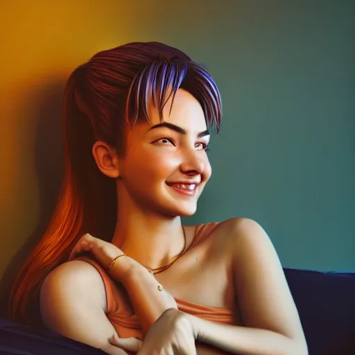 Image similar to intricate beautiful portrait of bulma, smiling softly, casual clothes, relaxing on the couch, home interior, golden hour, close up shot, 8 k, art by irakli nadar, hyperrealism, hyperdetailed, ultra realistic