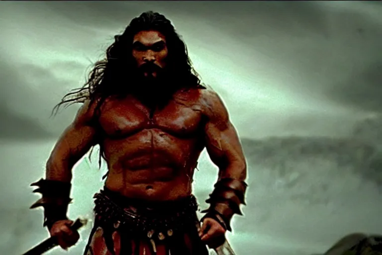 Image similar to film still from conan the barbarian, jason momoa as conan holding a torch in the catacombs of evil, fantasy armor, volumetric lighting, mist, wet skin and windblown hair, muscular!!!, masculine pose, ridley scott