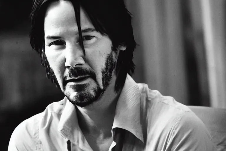 Prompt: Keanu Reeves sitting on a chair and drinking tea and watching the earth on the moon, 4k