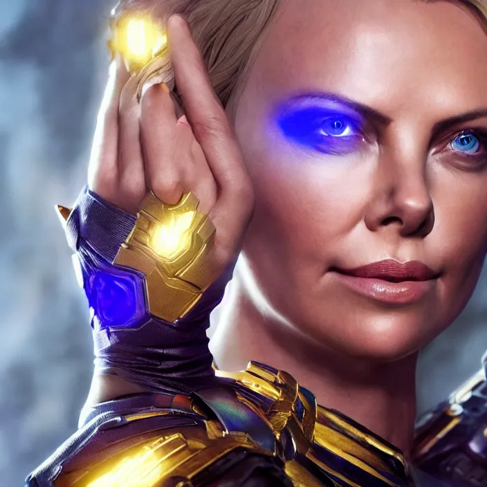 Image similar to portrait of (Charlize Theron), wearing The Infinity Gauntlet. intricate artwork. high detail, HD, octane render, trending on artstation, very coherent symmetrical artwork. avengers. thanos. cinematic, hyper realism, high detail, octane render, 8k, iridescent accents