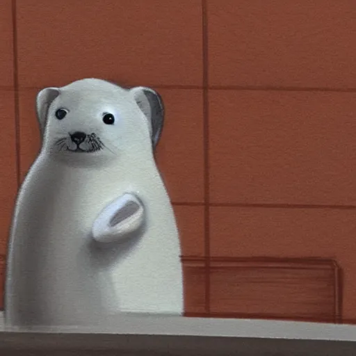 Image similar to a baby harp seal in an orange prisoner jumpsuit at the witness stand, courtroom sketch