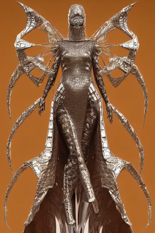 Image similar to a highly detailed 4 k render of a beautiful tall alien goddess bella hadid in iris van herpen dress armor schiaparelli in diamonds and jewelry in style of alphonse mucha trending on artstation made in unreal engine 4