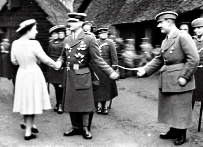 Image similar to ultra wide 1 9 4 6 blurry historical far away photo a single german general shaking hands with a young queen elizabeth in a french village, her corgis are nearby highly detailed, sharp focus