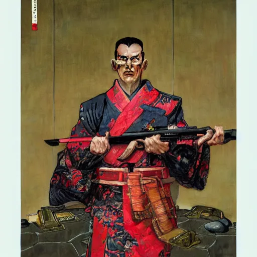 Prompt: the doomslayer wearing a kimono!!, portrait art by norman rockwell and donato giancola and greg rutkowski,