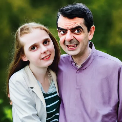 Image similar to A portrait mr bean elizabeth teams up with a teenage mr bean, perfect faces, 50 mm, award winning photography