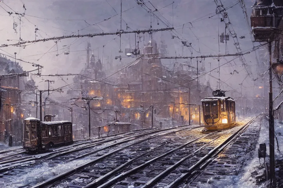 Image similar to highly detailed painting of dieselpunk stockholm, winter, snow, tram on rail tracks, wires, dystopia, by greg rutkowski, by raphael lacoste, 4 k resolution, trending on artstation