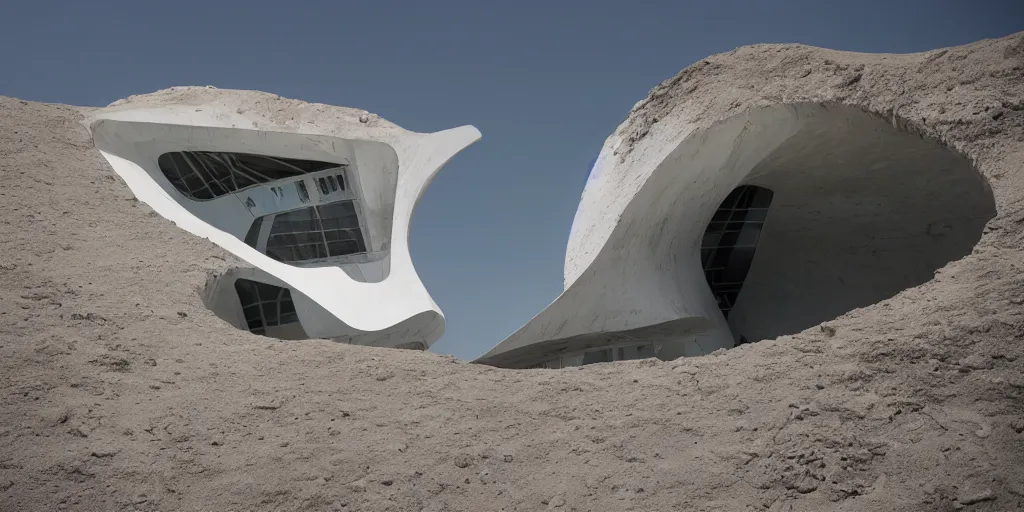 Image similar to cliff house on the edge of a moon crater designed by zaha hadid, photography