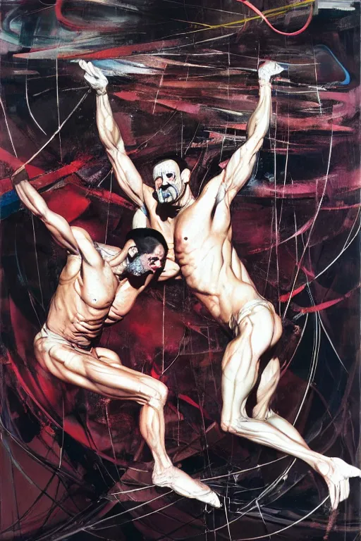 Image similar to two muscular men entwined, floating inside a brutalist space ship, gothic, rich deep colours, painted by francis bacon, adrian ghenie, james jean and jenny saville, part by gerhard richter, part by takato yamamoto. 8 k 3 d