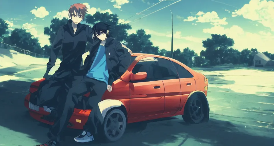 Image similar to closeup of a high definition anime guy with short dark blue hair and black streetwear clothing riding a dark red 1996 Hyundai Accent car with armenia quindio in the background, Artwork by Makoto Shinkai, pixiv, 8k, official media, wallpaper, hd