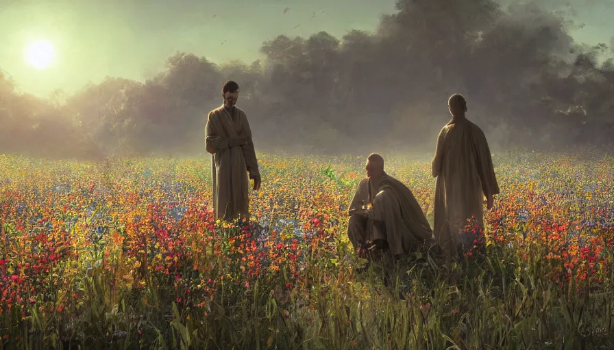 Image similar to craig mullins digital illustration of a man in robes kneels and prays in a field of flowers, the sun's holy light shines down upon him, colorful, solarpunk, unreal engine, hyper realism, realistic shading, cinematic composition, realistic render, octane render, detailed textures, photorealistic, wide shot
