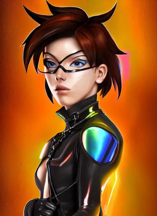 Image similar to portrait bust digital artwork of tracer overwatch, wearing iridescent rainbow latex and leather straps catsuit outfit, in style of mark arian, angel wings, dramatic painting, wearing detailed leather collar, chains, black leather harness, detailed face and eyes,