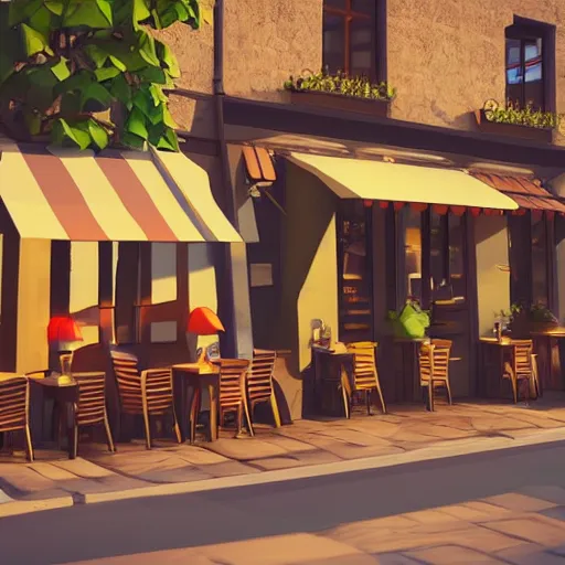 Image similar to beautiful cute cozy very little cafe on a cobblestone street, golden morning light, low poly, simple cartoon